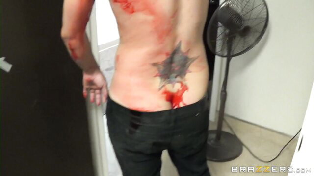 Romi Rain back tattoo and bloody wounds in boots, Brazzers