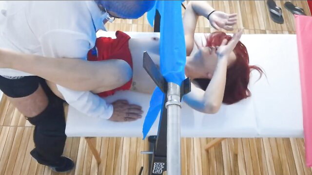 Naughty doctor in red shorts fucks tight redhead teen patient on clinic table