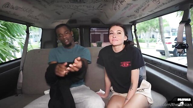 Hot teen in van with BBC guy, smiling close-up action