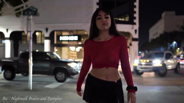 Hot Latina braless pantyless nightwalk in sheer red top mini skirt public