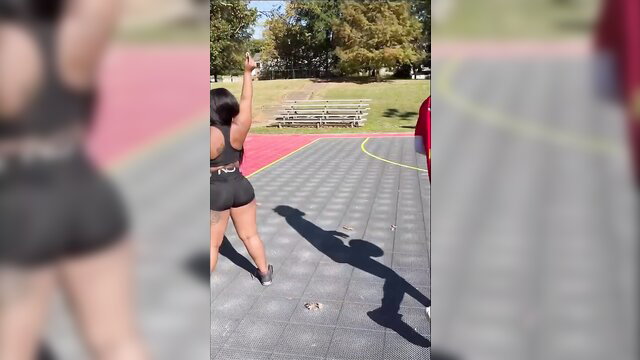 Thick black woman twerking huge ass in tiny shorts on basketball court