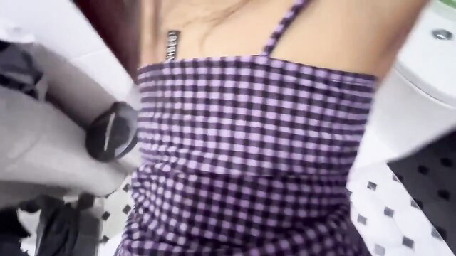 Step sister in checkered crop top poses sexy in bathroom POV tease