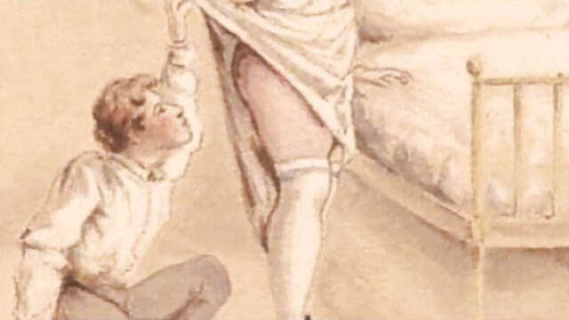 Vintage sketch man kneeling worshipping woman's stockings-clad thigh upskirt