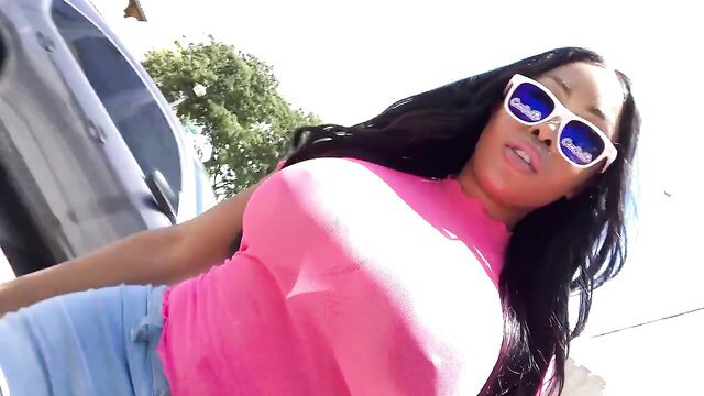 Wett Diamond in tight pink top and daisy dukes, big tits popping