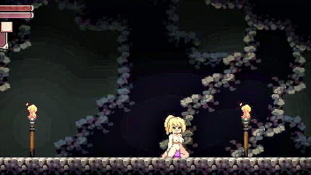 Blonde pixel art futa kneels nude in cave, big dick tease