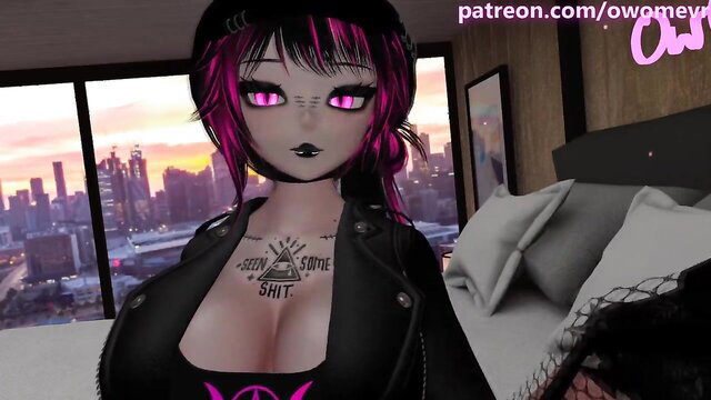 Horny goth girl Jess in leather jacket showing huge tits, pink hair