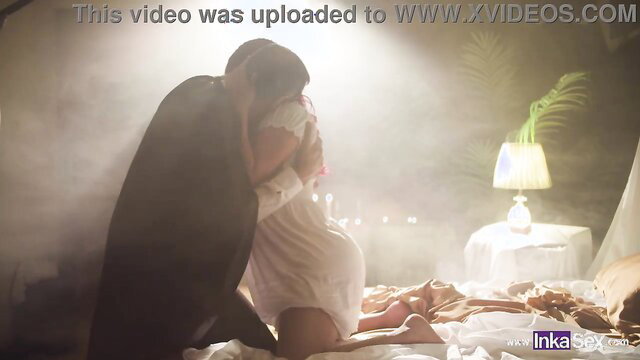 Count Dracula embraces redheaded Peruvian virgin in Halloween sex scene