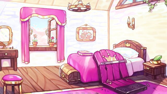 Cute pig princess in pink princess bedroom with crown bed