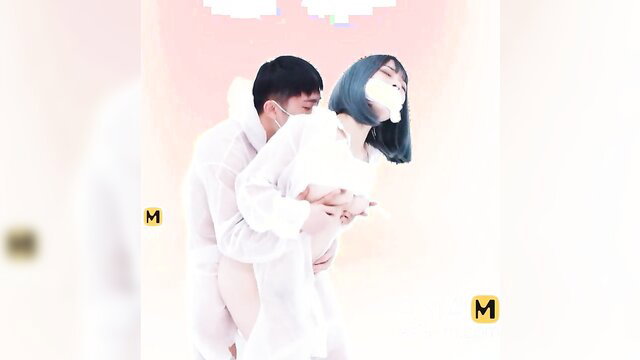 Shu Ke Xin fucked from behind in pandemic masks, white shirts