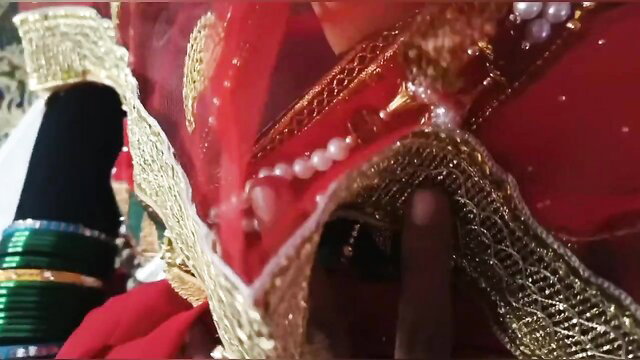 Desisarika in red bridal lehenga, veil up, finger teasing pussy