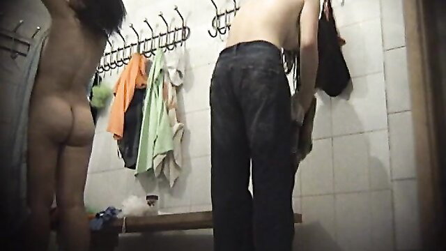 Skinny white teen naked in locker room, bare ass to cam