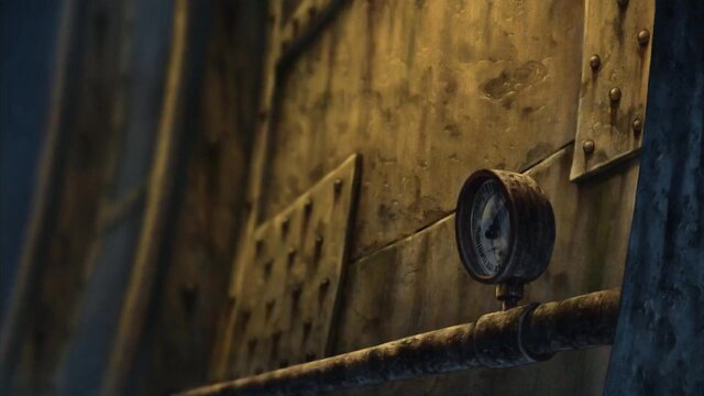 Rusty industrial pipe gauge pressure meter closeup thumbnail