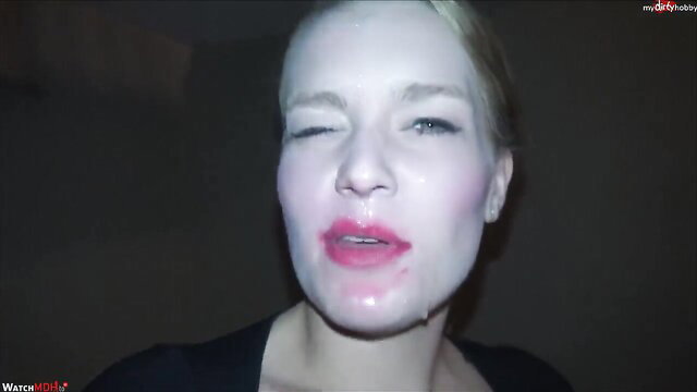 Blonde babe winking with glossy lips in wild deepthroat POV tease