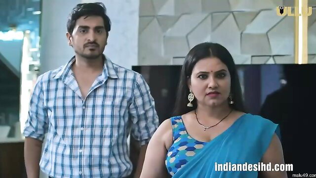 Indian wife in blue saree with husband in Ullu Episode 7 rough scene