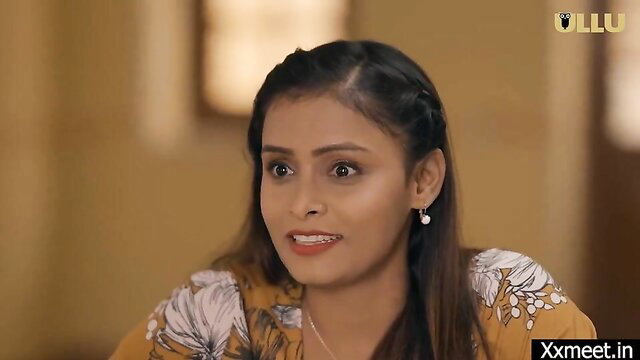 Indian mom in floral dress with braids, wide-eyed seductive gaze