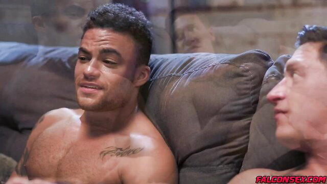 Dalton Riley and buddy shirtless on couch watching porn