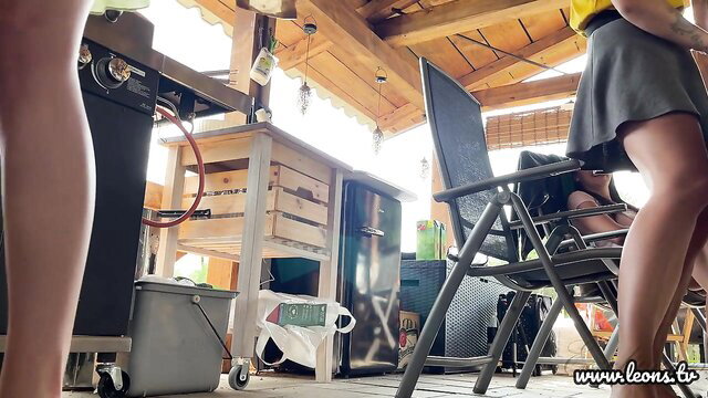 Hot blonde BFF upskirt legs & pussy tease at wild outdoor BBQ