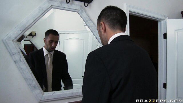 Devon Michaels watches hung stud in suit check himself in mirror