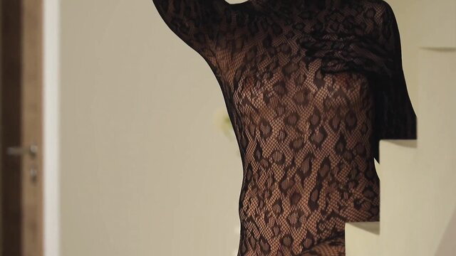 French amateur Claudia in sexy leopard lace bodysuit on stairs