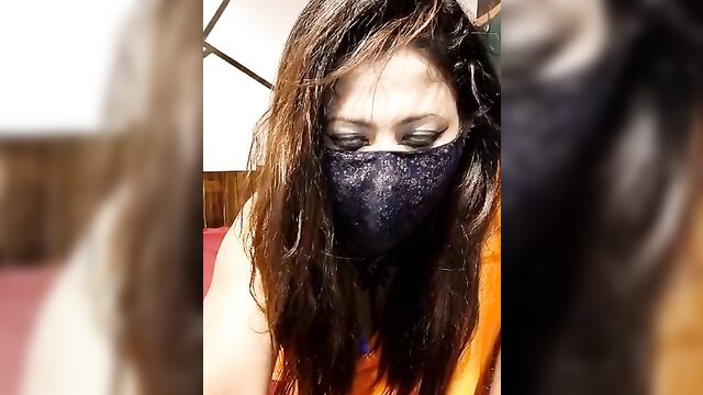 Indian Lisa in orange saree and mask, sultry camshow tease