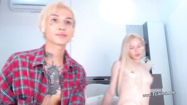 Blonde TS and babe masturbating on cam in private show