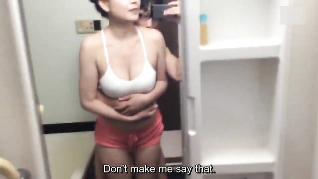 Asian wife in white sports bra and pink shorts begs don't make me say that