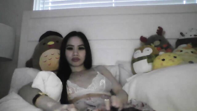 Asian camgirl Kitty in lace lingerie on bed with plushies