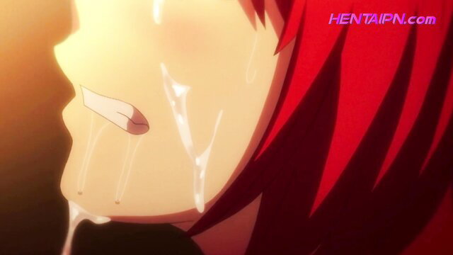 Redhead hentai babe with cum dripping from mouth closeup