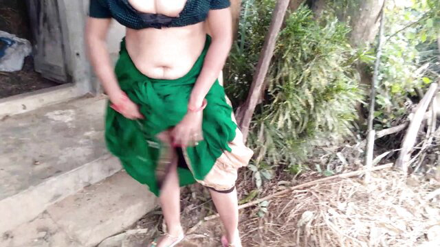 Busty Indian stepsis masturbates in public farm, peeing & squirting