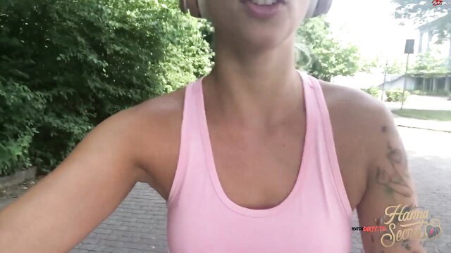 HannaSecret in pink tank top jogging outdoors, solo public tease