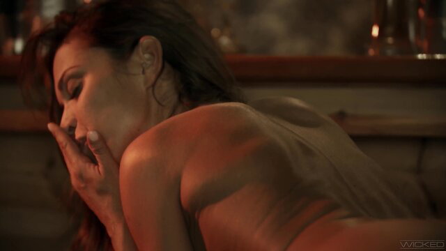 Alyssa Reece nude with epic abs stretched on bar, hot side view