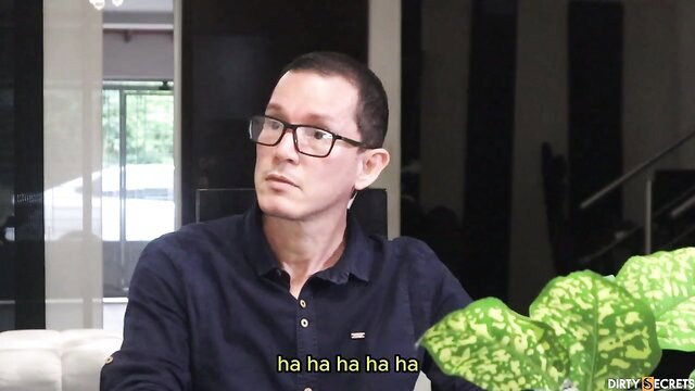 Bald stepmom in glasses laughs in hot taboo interview tease