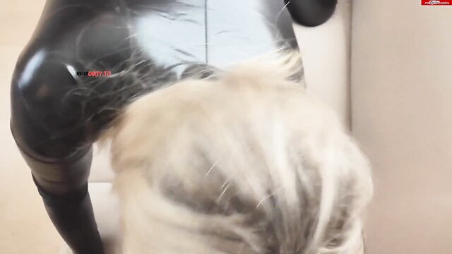 Blonde Daynia in latex outfit with dog in wild POV session