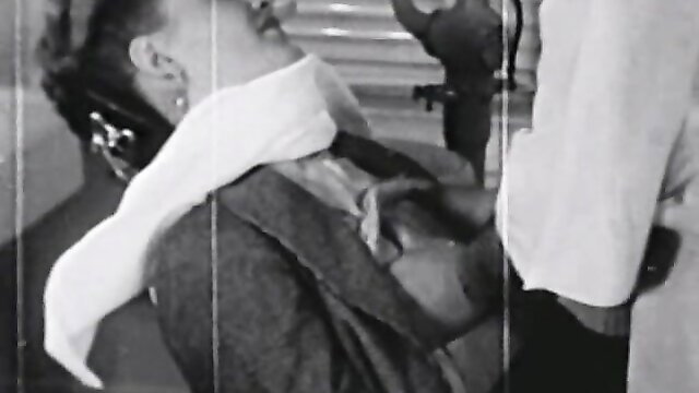 Vintage milf barber chair bound with towel in hot action