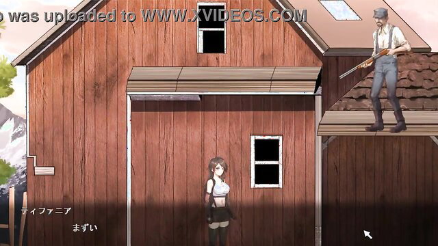 Cute anime girl in skimpy outfit faces armed man on barn roof in hentai village