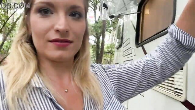 Blonde babe in striped shirt outside motorhome, ready for stranger anal fuck