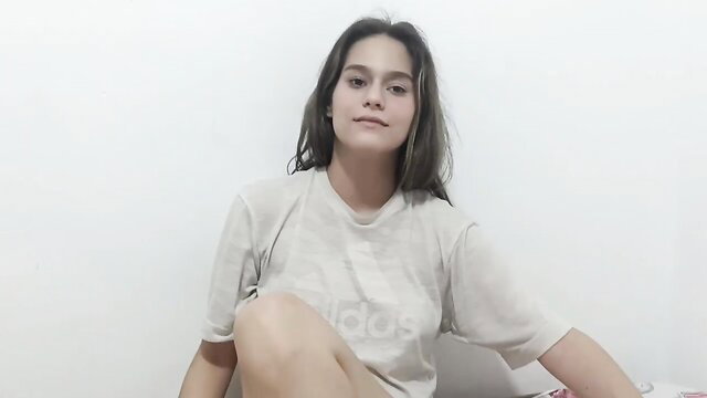 Teen girl in oversized Adidas tee sits legs spread for stepbro pussy licking