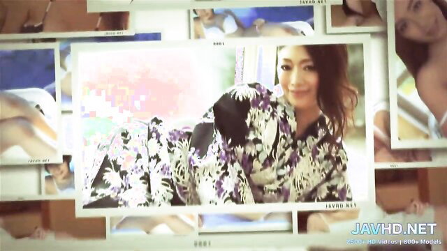 Japanese AV model in floral kimono, sweet tits exposed, seductive pose