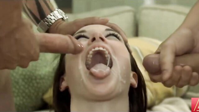 Stoya wide open mouth double facial cumshot from two men in FFM scene