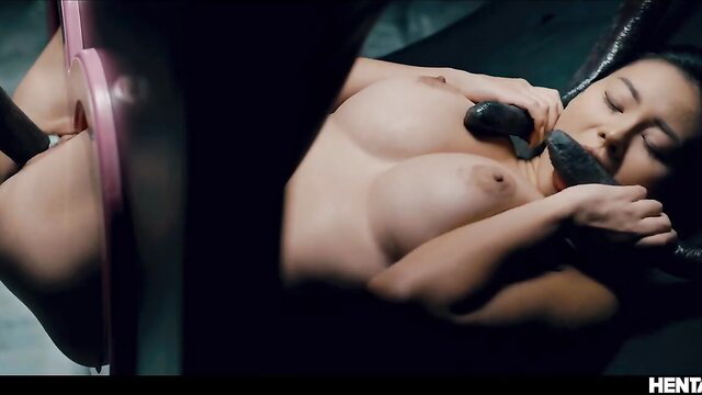 Asian hentai model bound, double penetrated by monster tentacles