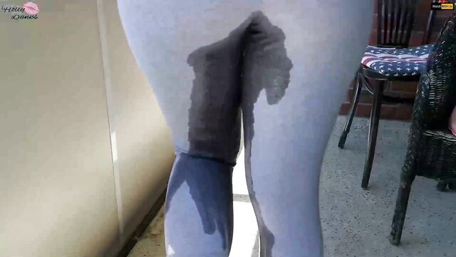 HollyBanks wet pants crotch stain spreading legs on balcony