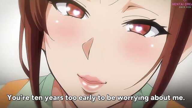 Seductive red-eyed anime wife with big blushy face in hentai closeup