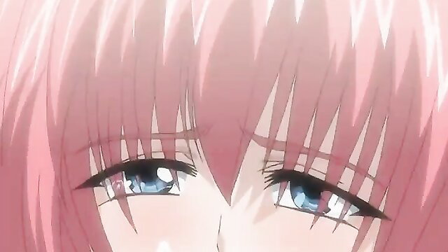 Closeup of pink-haired anime girl's teary blue eyes in JAV hentai