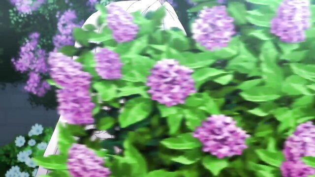 Busty anime maid in lingerie uniform surrounded by purple flowers