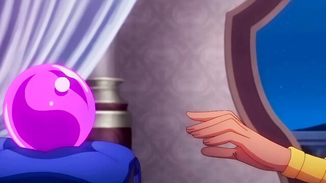 Anime girl hand near glowing purple yin-yang orb in mystical room
