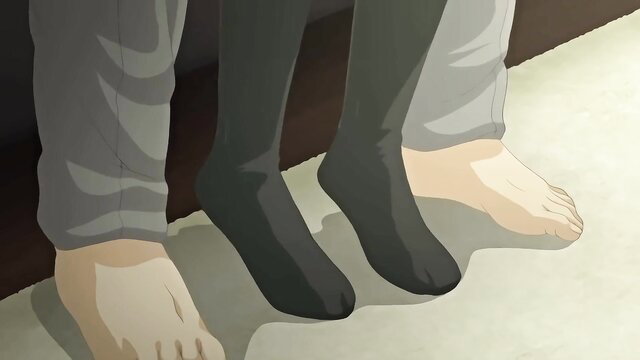 Anime stepdaughter bare feet and black stockings next to stepdad's feet