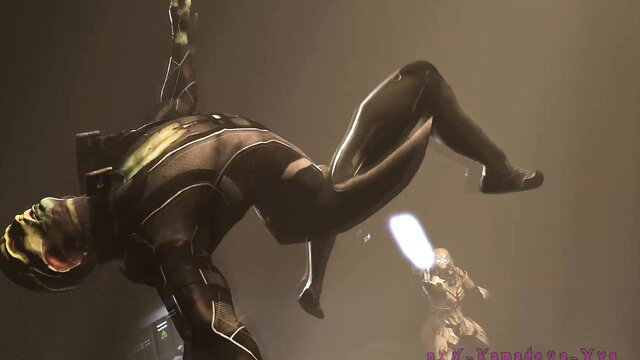 FutaNari Lawson in shiny black latex catsuit flips mid-air in dynamic 3D threesome