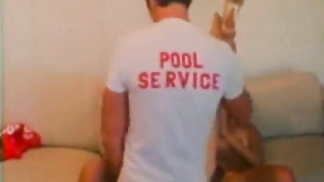 Hot pool service guy in white tee with woman on couch retro threesome tease