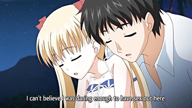 Blonde busty anime girl cuddles guy post-sex on beach at night