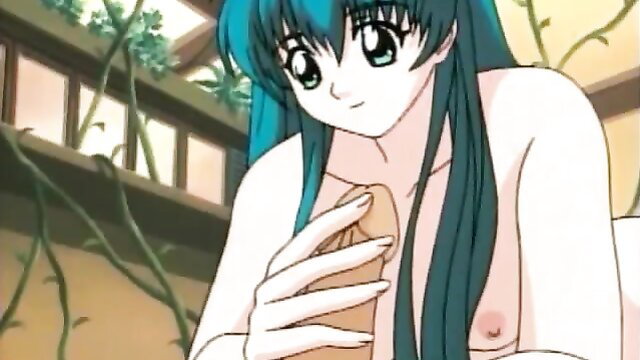 Petite teal-haired anime girl nude, fingering pussy in fantasy scene